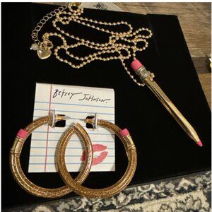Betsey Johnson Gold Pencil Pendant Necklace and  Pencil Earrings